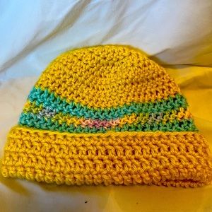 Hand Crocheted Yellow Child’s Hat with Aqua band